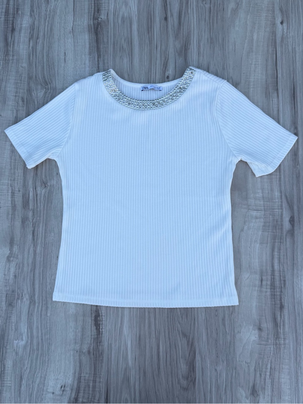 Zara White Short Sleeve Ribbed Top with Jeweled Neckline